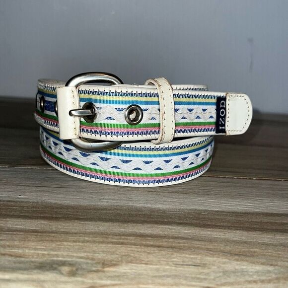 Vintage Izod Genuine Leather Belt Women’s Size Small White Multicolor Ribbon - Picture 1 of 11